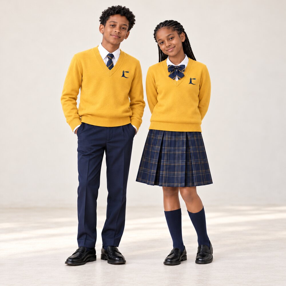 Two students in the proposed uniform: navy trousers or checked skirt, white shirt, tie or ribbon bow, and a gold V-neck sweater